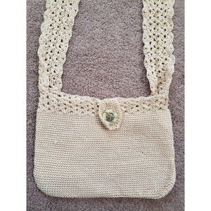 Beautiful Vintage Handmade Crossbody Crochet Cream Colored Bag